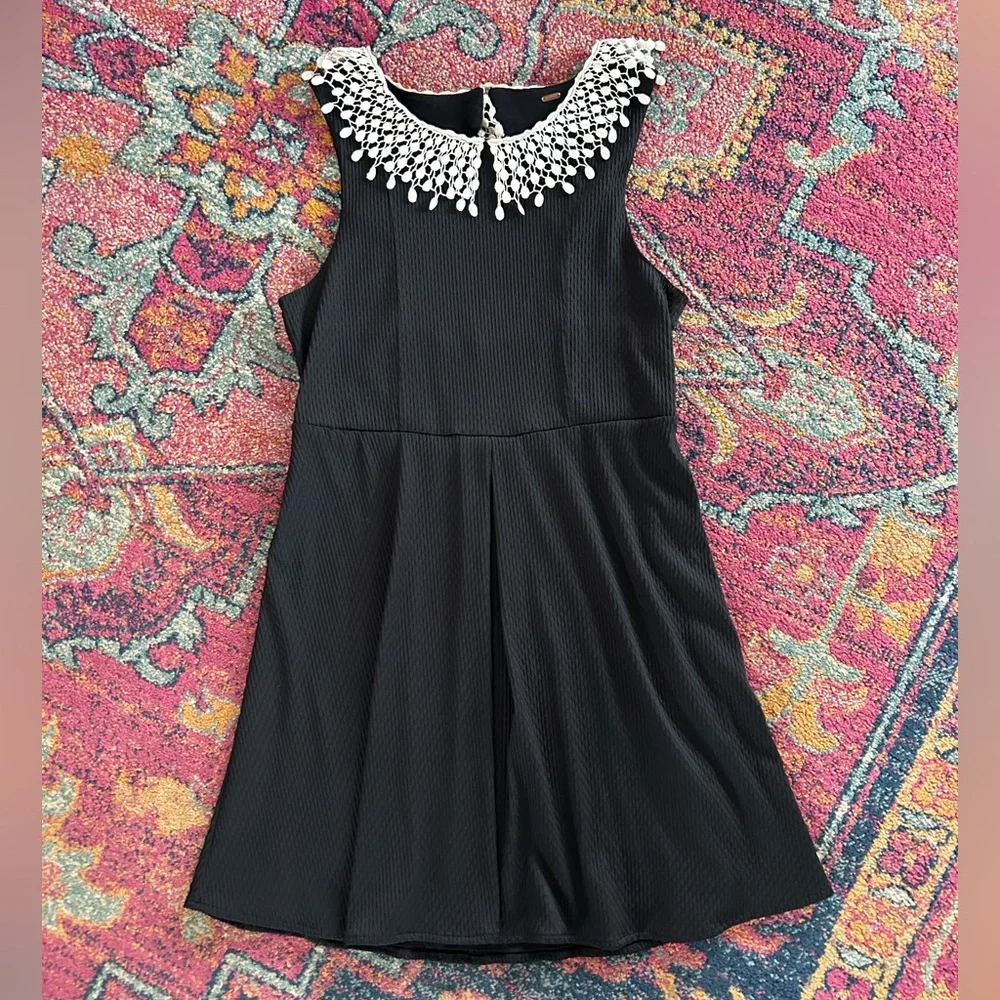 Free People | Womens Black Mini Dress Cream Crochet Peter Pan Collar Open Back M - Picture 8 of 16